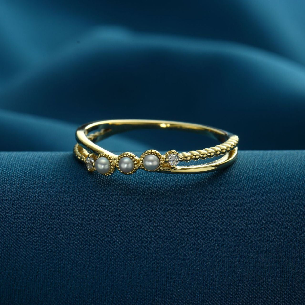 9K Gold Pearl Crossover Ring | Stylish & Minimalist Design, Elegant & Trendy Jewelry for Women, Perfect for Stacking & Everyday Wear