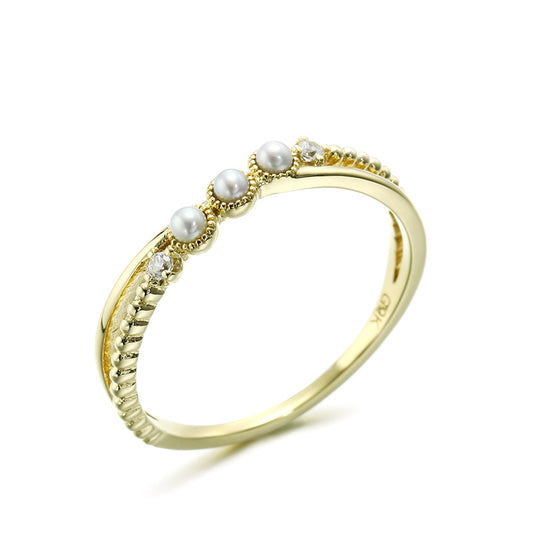 9K Gold Pearl Crossover Ring | Stylish & Minimalist Design, Elegant & Trendy Jewelry for Women, Perfect for Stacking & Everyday Wear