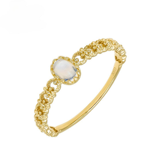 9K Gold Lace Style Hollow Blue Moonstone Ring | Elegant & Feminine Design, Perfect for Special Occasions, Timeless Jewelry for Women